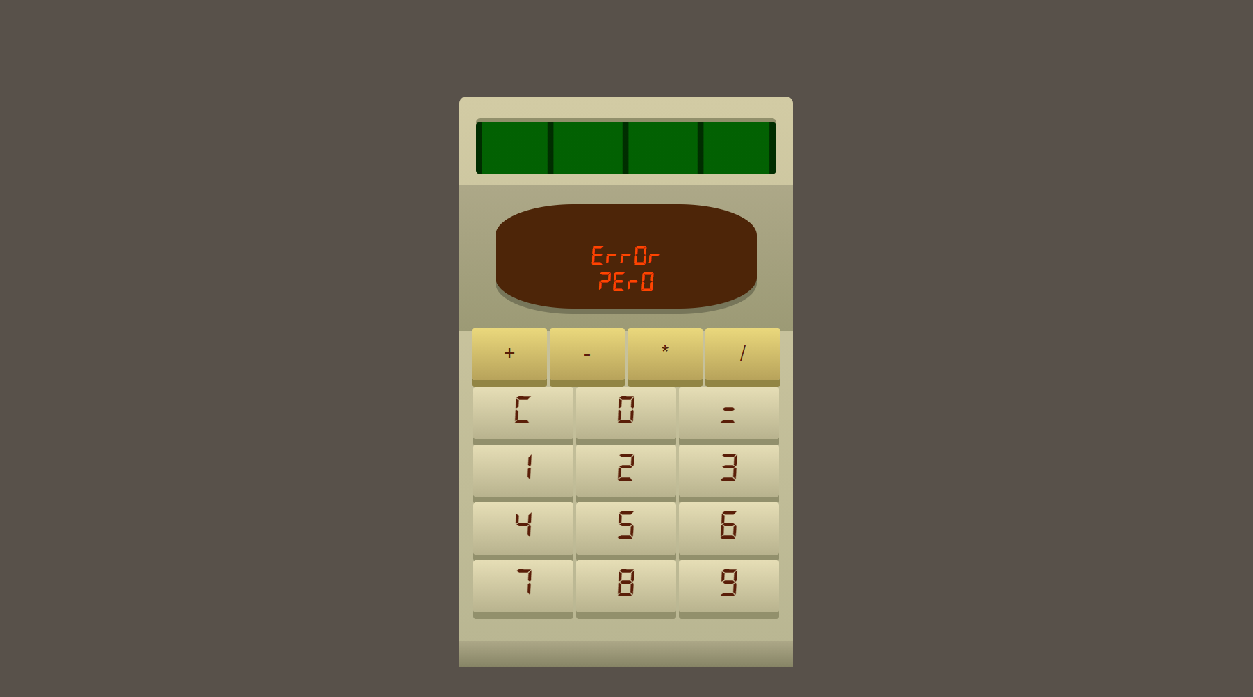 Screenshot of the demo of the Retro-Calculator featuring a simple 10 number key structure calculator styled to mirror the looks of retro-calculators.
