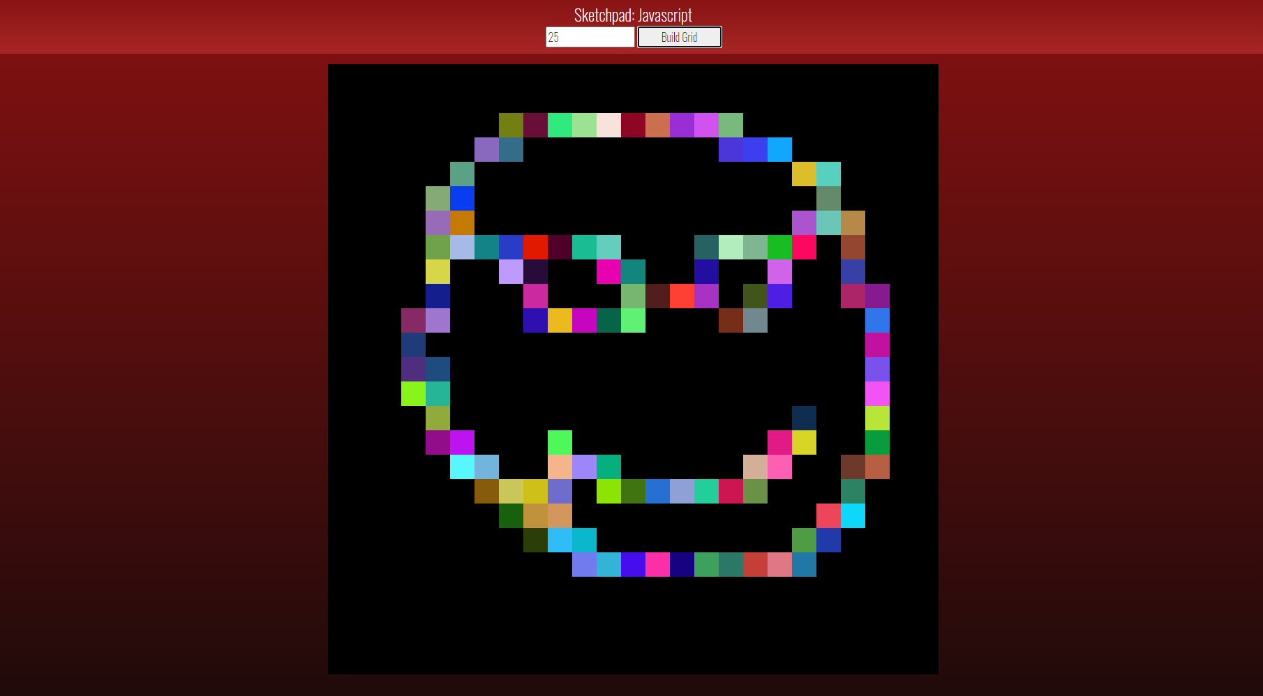 Screenshot of the demo of the javascript based sketchpad, enter in the amount of squares you want to use to generate your sketchpad, this example utilizes 25 as the example and then a drawn smiley face emoticon.